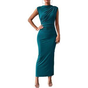 Women's  Dark Blue Ruched Bodycon Summer Casual Sleeveless Slit Elegant Maxi